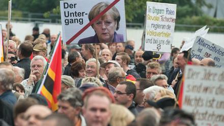Pegida-Demo in Dresden. Die Teilnehmer fühlen sich von den gesellschaftlichen Eliten schlecht repräsentiert. Gut gebildete Männer dominieren.