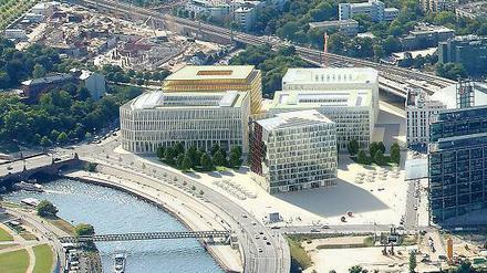 Animation mit Gewerbeimmobilien am Hauptbahnhof. Links am Spreebogen stehen zwei Bürogebäude: das John-F.-Kennedy-Haus und dahinter das Bertha Berlin (gelblich, zurzeit im Rohbau). Rechts daneben das bereits fertige Intercity-Hotel und davor das Steigenberger-Hotel. Baubeginn für den schräg platzierten gläsernen Kubus vorn soll 2016 oder 2017 sein. 