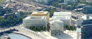 Animation mit Gewerbeimmobilien am Hauptbahnhof. Links am Spreebogen stehen zwei Bürogebäude: das John-F.-Kennedy-Haus und dahinter das Bertha Berlin (gelblich, zurzeit im Rohbau). Rechts daneben das bereits fertige Intercity-Hotel und davor das Steigenberger-Hotel. Baubeginn für den schräg platzierten gläsernen Kubus vorn soll 2016 oder 2017 sein. 
