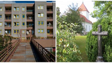 Ein Ort, zwei Ansichten. Links Plattenbauten (die zu West-Berlin gehörten), rechts die Kirche (die mal zur DDR gehörte).