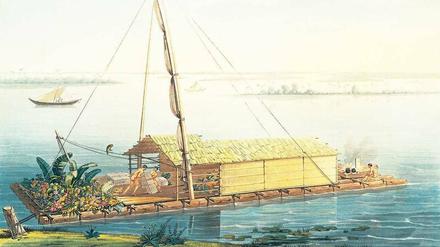 Kunst des Reisens. Für seine „Ansichten der Kordilleren und Monumente der eingeborenen Völker Amerikas“ hielt Alexander von Humboldt die Begegnung mit Floßfahrern auf dem Río Guayas fest. 