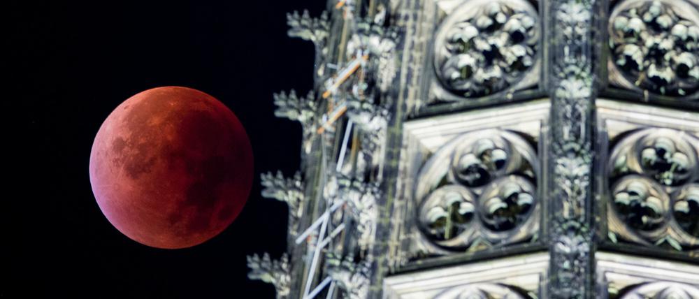 Am Montagmorgen war mit dem Blutmond, einer totalen Mondfinsternis, ein seltenes Phänomen am Himmel zu sehen. Hier über dem Kölner Dom.