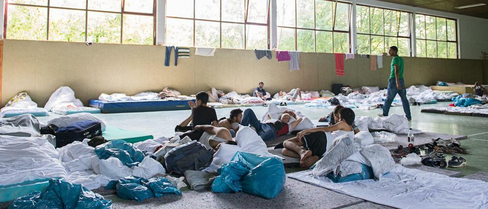Angekommen in Deutschland. Blick in die Landeserstaufnahmeeinrichtung für Flüchtlinge in einer Turnhalle in Ellwangen in Baden-Württemberg.