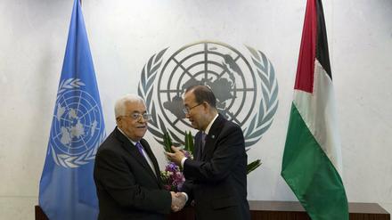 Gespräche in New York. Palästinenserpräsident Mahmud Abbas (links) mit UN-Generalsekretär Ban Ki Moon.