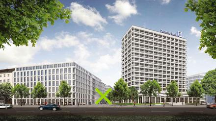 Das grüne X auf diesem Architekturmodell markiert den geplanten Standort der Skuptur.