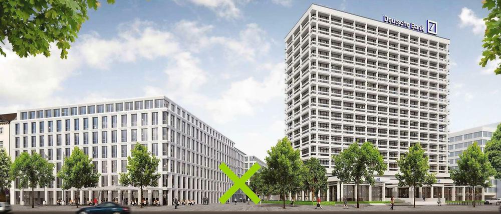 Das grüne X auf diesem Architekturmodell markiert den geplanten Standort der Skuptur.