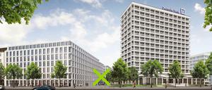 Das grüne X auf diesem Architekturmodell markiert den geplanten Standort der Skuptur.