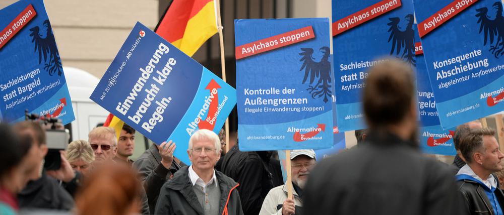 Gegen Asylbewerber und Einwanderung: Anhänger der AfD demonstrieren am 23.09.2015 vor dem Landtag in Potsdam.