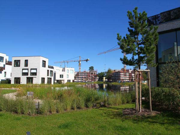 Idyll mit Kran. Die Quadratmeterpreise für die Wohnungen und Häuser auf dem Areal beginnen bei 4000 und gehen bis 6000 Euro.