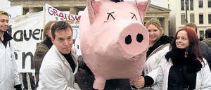 Bei einer Demonstration tragen Studierende ein Schwein aus Pappmaché.