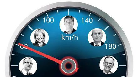 Die Tempomacher. Autopräsident Matthias Wissmann (r.) war beim Thema Lobbyarbeit in Berlin und Brüssel stets mit Vollgas unterwegs – flankiert von den Konzern-Repräsentanten Thomas Steg (VW), Eckart von Klaeden (Daimler), Nicola Brüning (BM), Michael Jansen (VW) sowie Monica Berg vom ADAC. 
