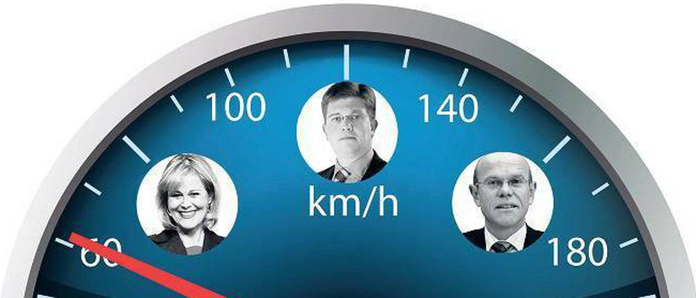 Die Tempomacher. Autopräsident Matthias Wissmann (r.) war beim Thema Lobbyarbeit in Berlin und Brüssel stets mit Vollgas unterwegs – flankiert von den Konzern-Repräsentanten Thomas Steg (VW), Eckart von Klaeden (Daimler), Nicola Brüning (BM), Michael Jansen (VW) sowie Monica Berg vom ADAC.