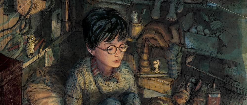 Harry Potter ist zurück - gemalt und gezeichnet von Jim Kay. Mit "Harry Potter und der Stein der Weisen" von J. K. Rowling (Carlsen Verlag, Hamburg 2015, 256 Seiten. 24,99 Euro) startet erstmals eine Reihe illustrierter Potter-Bände. Es könnten die Bücher der zweiten Generation Potter werden. Das Bild zeigt Harry Potter im Haus der Dursleys im Ligusterweg 4 unter der Treppe.