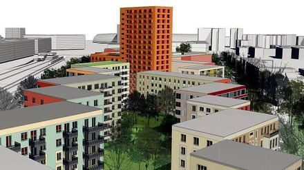 Blickrichtung Hauptbahnhof: Im markanten Hochhaus an der Lehrter Straße sollen Studentenwohnungen entstehen. In der niedrigeren Zeile rechts sind Eigentumswohnungen geplant, links entlang der Bahnlinie Mietwohnungen.