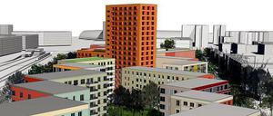 Blickrichtung Hauptbahnhof: Im markanten Hochhaus an der Lehrter Straße sollen Studentenwohnungen entstehen. In der niedrigeren Zeile rechts sind Eigentumswohnungen geplant, links entlang der Bahnlinie Mietwohnungen.