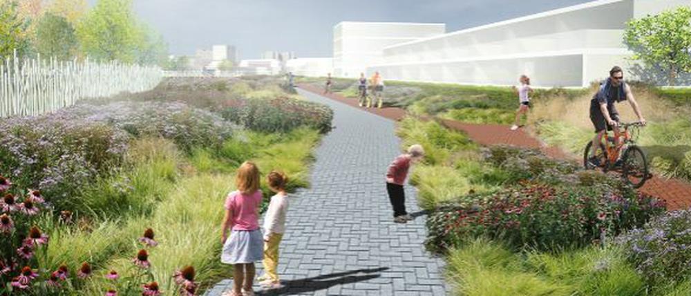 Simulation des nachhaltig geplanten Neubaugebiets Neulichterfelde, im Vordergrund Kinder auf einem Weg zwischen Wiesen, im Hintergrund Bauten.