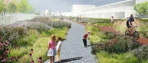 Simulation des nachhaltig geplanten Neubaugebiets Neulichterfelde, im Vordergrund Kinder auf einem Weg zwischen Wiesen, im Hintergrund Bauten.
