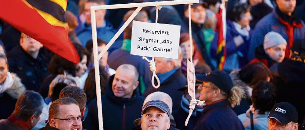 Wegen dieser Galgenattrappe bei einer Pegida-Demo in Dresden hat sich die Staatsanwaltschaft eingeschaltet. 