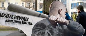 "Rechte Gewalt kann jeden treffen", steht auf einem Aufsteller geschrieben, aufgenommen in Berlin. 
