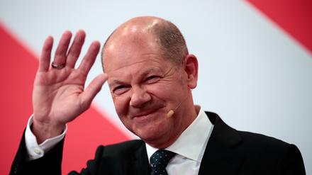  Olaf Scholz beim Wahlabend zur Bundestagswahl bei der SPD im Willy-Brandt-Haus in Berlin am 26. September 2021. 