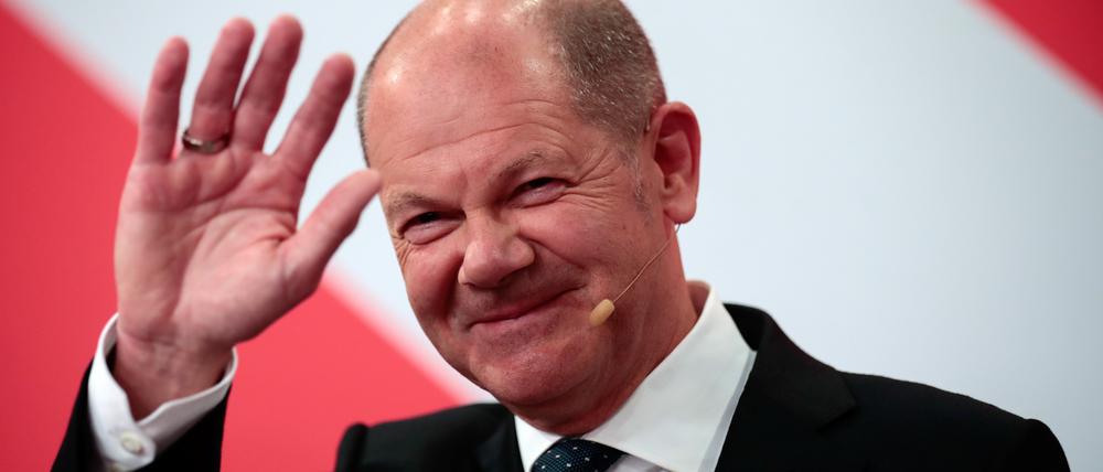 Olaf Scholz beim Wahlabend zur Bundestagswahl bei der SPD im Willy-Brandt-Haus in Berlin am 26. September 2021.