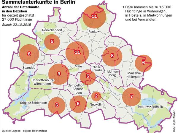 Die Zahl der Heime und Notunterkünfte für Flüchtlinge in den einzelnen Bezirken.