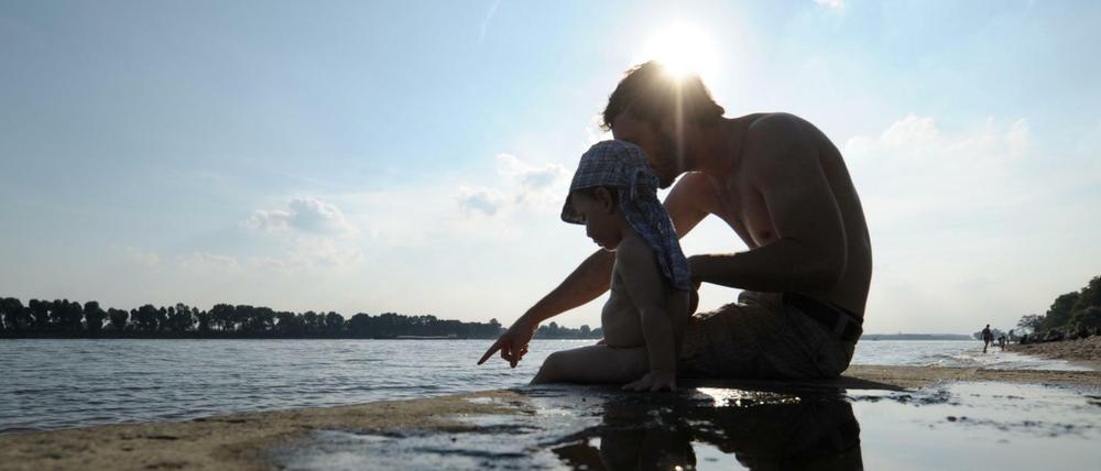 Vater und Sohn an der Elbe. Das Hormon Testosteron spielt eine Rolle dabei, wie Männer sich bei der Partnersuche und als Väter verhalten. Einer Studie zufolge ist nach der Geburt des Nachwuchses der Testosterongehalt niedriger ist als vorher.