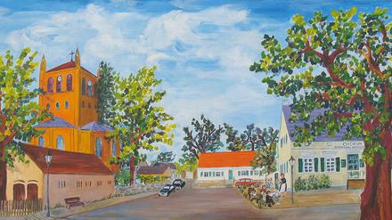 Der Wilhelmplatz in Wannsee, gemalt von Anneliese Swarzenski. Hier findet an jedem ersten Advent ein beschaulicher Adventsmarkt statt 