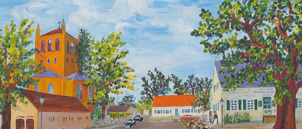 Der Wilhelmplatz in Wannsee, gemalt von Anneliese Swarzenski. Hier findet an jedem ersten Advent ein beschaulicher Adventsmarkt statt