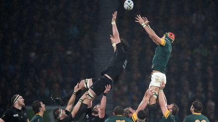 Neuseeland (schwarze Trikots) steht als erste Finalist bei der diesjährigen Rugby-WM fest.