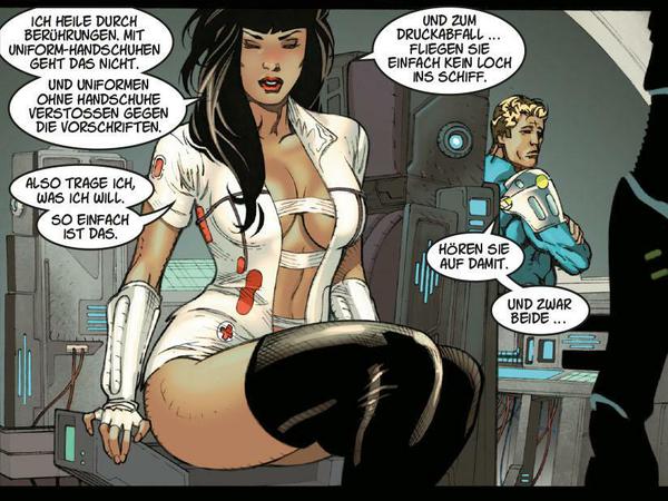 Der Zeichenstil orientiert sich an Marvel und DC - auch was die figurbetonten Uniformen angeht.