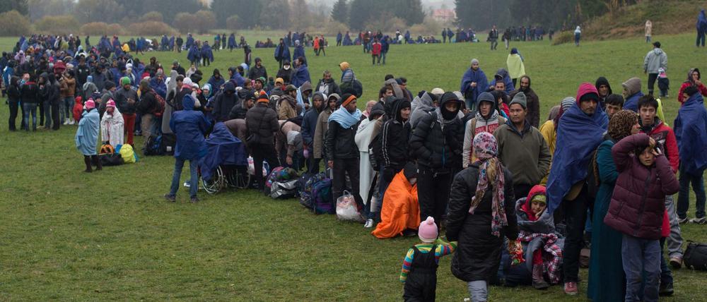 Flüchtlinge nahe Wegscheid an der deutsch-österreichischen Grenze im Jahr 2015.