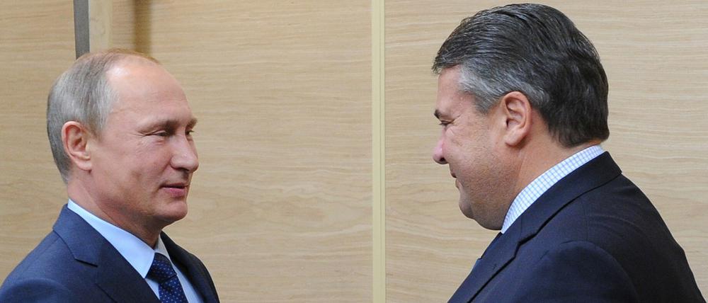 Treffen in der Residenz am Rande von Moskau: Russlands Präsident Wladimir Putin und Wirtschaftsminister Sigmar Gabriel bei der Begrüßung.