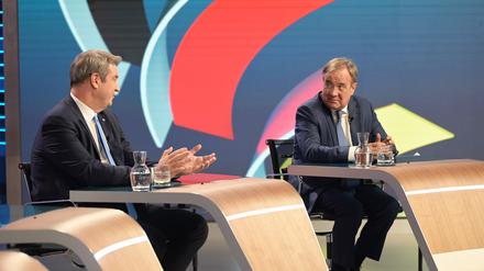 Für sie ist es eine historische Niederlage. Armin Laschet (CDU) und Markus Söder (CSU) sitzen in der „Berliner Runde“ des ZDF zur Bundestagswahl.