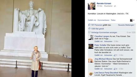 Grünen-Politikerin Renate Künast vor dem "Lincoln Memorial" in Washington. Da sie Abraham Lincoln zunächst für George Washington hielt, gab es bei Facebook viel Häme. 