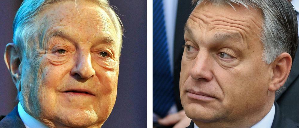 Eine Bildkombo zeigt den US-Milliardär George Soros (l, am 12.06.2013 in Budapest, Ungarn) und den ungarischen Ministerpräsidenten Viktor Orban (am 23.09.2015 in Staffelstein, Deutschland).