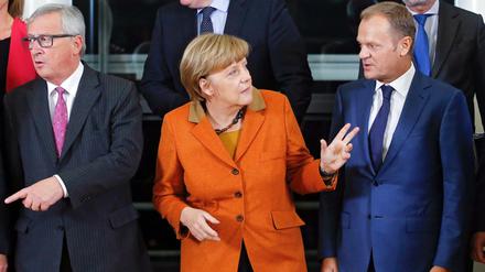EU-Kommissionspräsident Jean-Claude Juncker, Bundeskanzlerin Angela Merkel und EU-Ratspräsident Donald Tusk (von links) beim EU-Flüchtlingsgipfel.