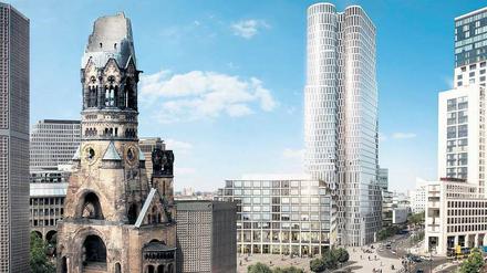 So soll ab 2017 das Hochhaus „Upper West“ (Bildmitte) am Breitscheidplatz in Charlotenburg aussehen. Die Hotelkette Motel One plant dort eines ihrer größten Hotels. 