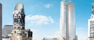 So soll ab 2017 das Hochhaus „Upper West“ (Bildmitte) am Breitscheidplatz in Charlotenburg aussehen. Die Hotelkette Motel One plant dort eines ihrer größten Hotels. 