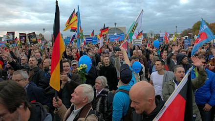 Die Abschlusskundgebung der AfD-Demonstration vor dem Hauptbahnhof. Ein Fotograf berichtet, dabei mehrfach bedrängt, behindert und beleidigt worden zu sein.