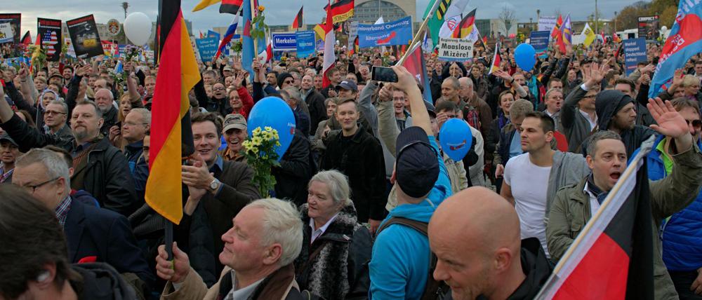 Die Abschlusskundgebung der AfD-Demonstration vor dem Hauptbahnhof. Ein Fotograf berichtet, dabei mehrfach bedrängt, behindert und beleidigt worden zu sein.