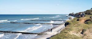 Meer im Blick. Wer bei Ahrenshoop unterhalb des Steilufers oder gar oben nah an der Kante entlangspaziert, sollte gut aufpassen. Die Steilküste ist brüchig. 