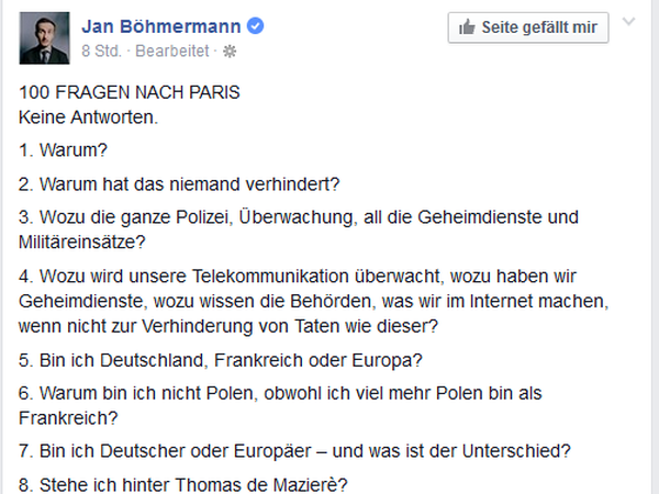 Facebook-Post von Moderator Jan Böhmermann.