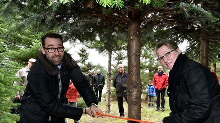 Hertha-Manager Michael Preetz fällte mit Bürgermeisterin Manuel Saß auf dem Werderaner Tannenhof einen Weihnachtsbaum. Zum Start der Tannenbaumsaison wurde ein Baum für das SOS Kinderdorf Brandenburg gefällt. 