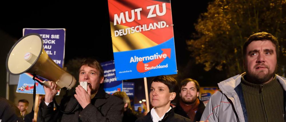 Eine AfD-Kundgebung in Dessau. In der Mitte die Bundesvorsitzende Frauke Petry.