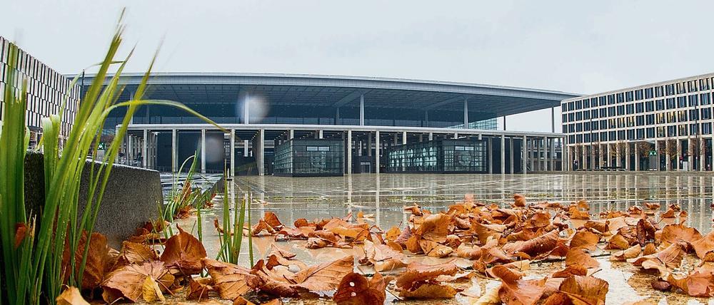 Herbstlaub liegt im trüben und verregneten Wetter vor dem Terminalgebäude des Hauptstadflughafens Berlin Brandenburg Willy Brandt (BER).
