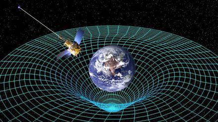 Delle in der Raumzeit. Die Erde mit ihrer großen Masse verbiegt die Raumzeit. Diesen Effekt hatte Einstein mit seiner allgemeinen Relativitätstheorie vorhergesagt. Der Nasa-Satellit "Gravity Probe B" hat ihn nachgewiesen. 