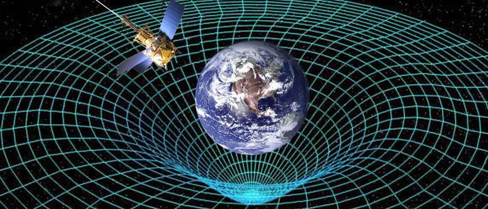 Delle in der Raumzeit. Die Erde mit ihrer großen Masse verbiegt die Raumzeit. Diesen Effekt hatte Einstein mit seiner allgemeinen Relativitätstheorie vorhergesagt. Der Nasa-Satellit "Gravity Probe B" hat ihn nachgewiesen.