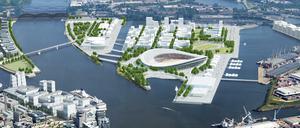 Die Visualisierung zeigt das geplante Olympiastadion auf dem Kleinen Grasbrook für die Olympischen Spiele 2024 in Hamburg. 