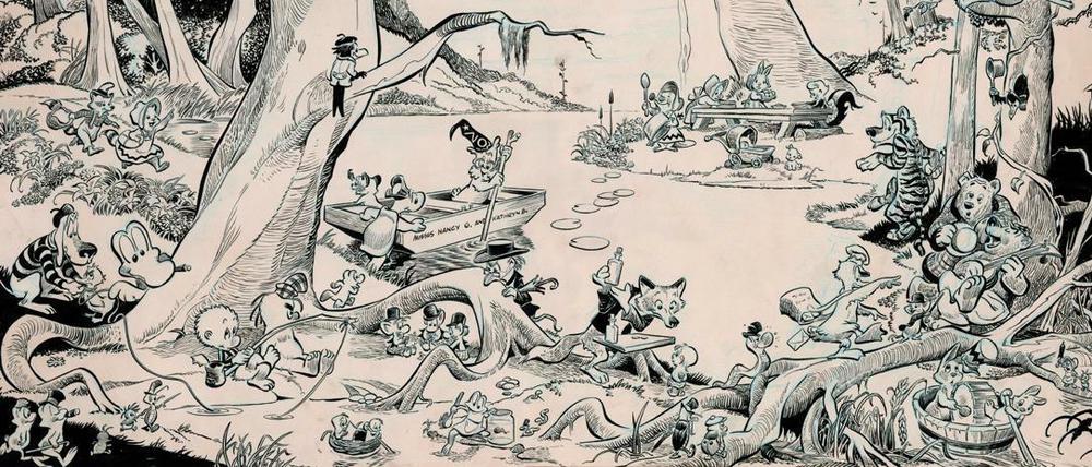 Vorsatzblatt für die Autobiografie "Ten Ever-Lovin’ Blue-Eyed Years with Pogo", 1959, Tusche auf Karton.